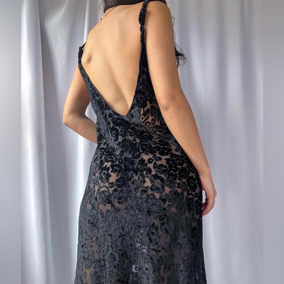 Victoria Secret Black Burnout Velvet Floral Slip Dress Maxi with Thigh Slit, M - Picture 2 of 13
